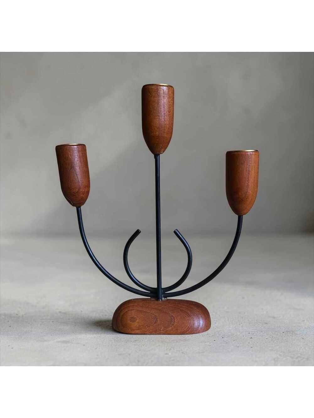 Mid Century Teak Candelabra Japan, Danish Modern Style 3 Candle